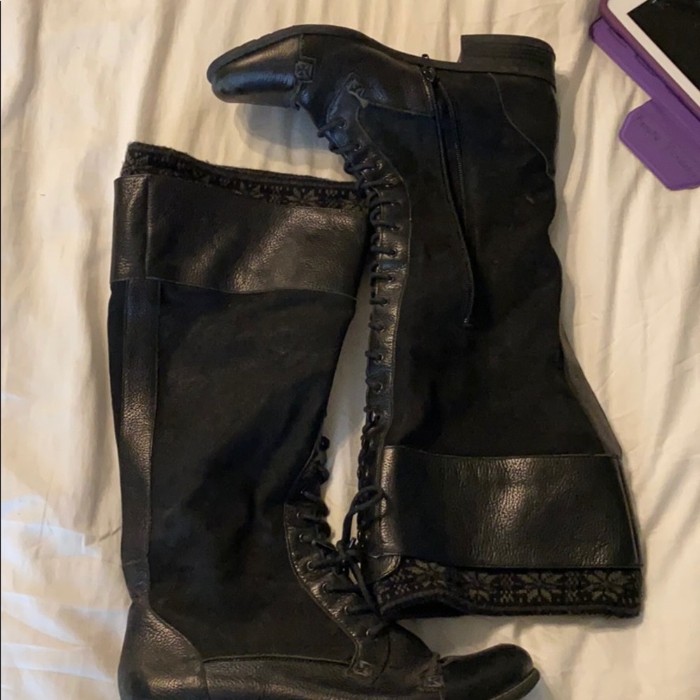 black knee high boots with lace up detail